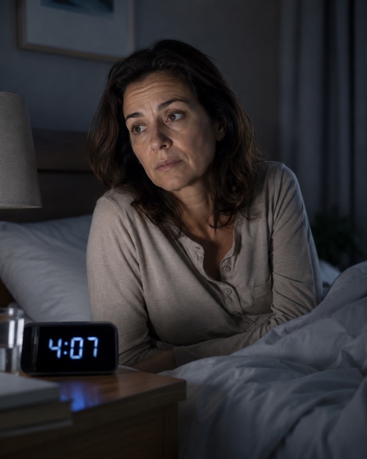 Una mujer despierta en la cama; el reloj marca las 4:07